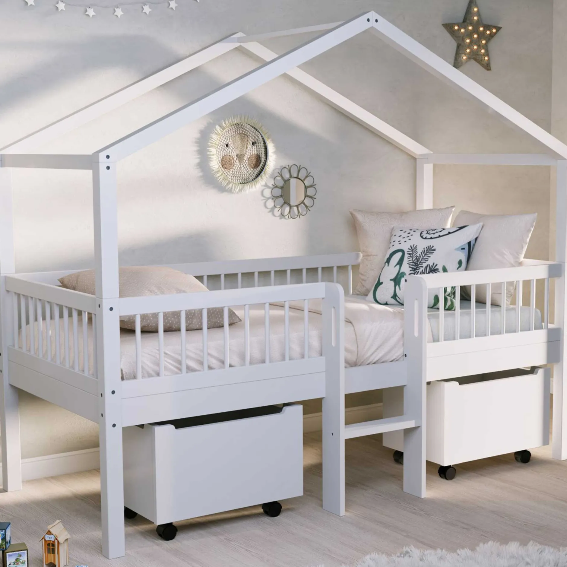 Hausbett Forrest - 90 x 200cm - mit Leiter und Staukästen - Buche - weiß