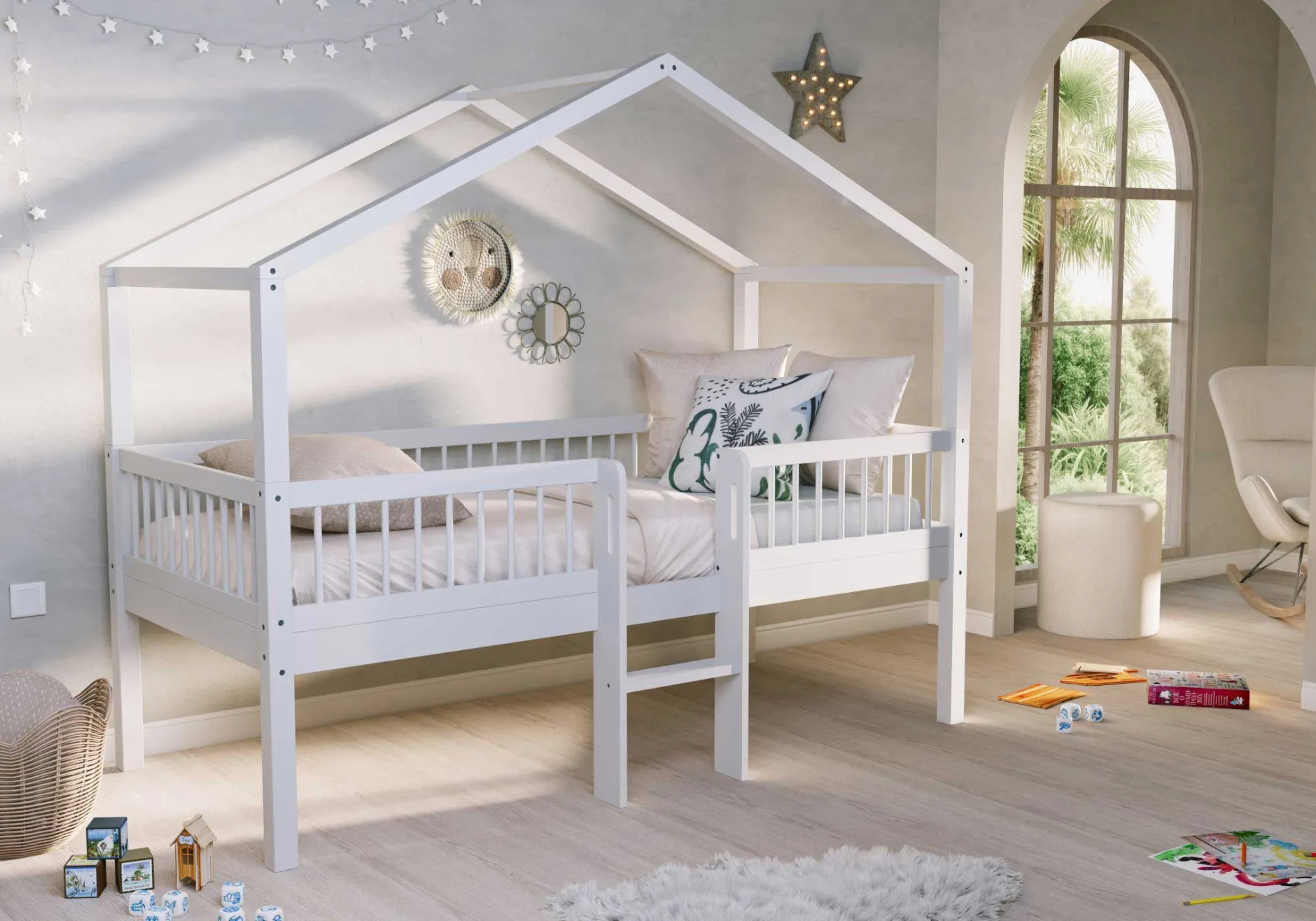 Hausbett Forrest - 90 x 200cm - mit Leiter und Staukästen - Buche - weiß