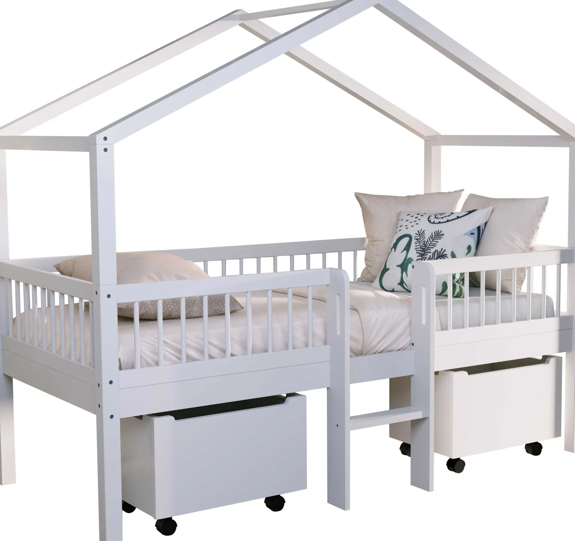 Hausbett Forrest - 90 x 200cm - mit Leiter und Staukästen - Buche - weiß