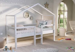 Hausbett Forrest - 90 x 200cm - mit Leiter, Aufbewahrungskästen und Schlafzelt - Buche - weiß