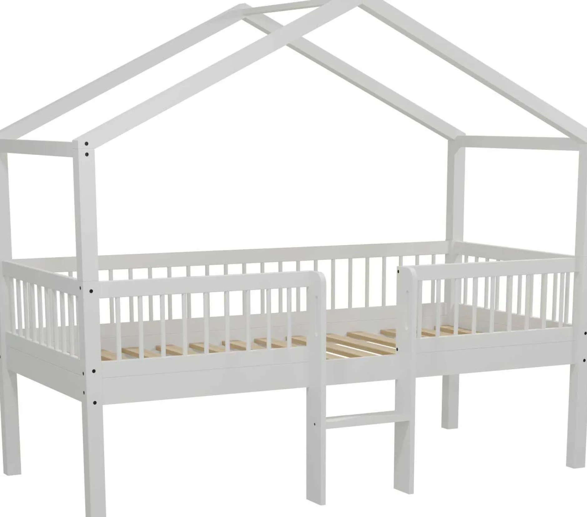 Hausbett Forrest - 90 x 200cm - mit Leiter, Aufbewahrungskästen und Schlafzelt - Buche - weiß