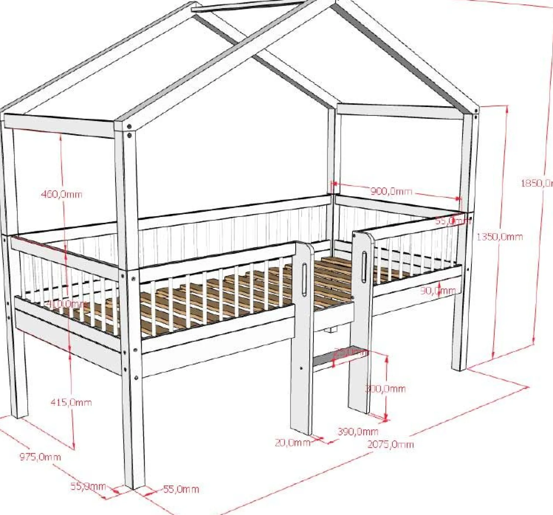 Hausbett Forrest - 90 x 200cm - mit Leiter, Aufbewahrungskästen und Schlafzelt - Buche - weiß