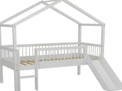 Hausbett Forrest - 90x200cm - mit Rutsche und Staukästen - Buche - weiß