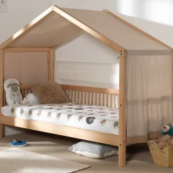 Hausbett Forrest 90x200 mit Bettzelt - Buche massiv/rosa