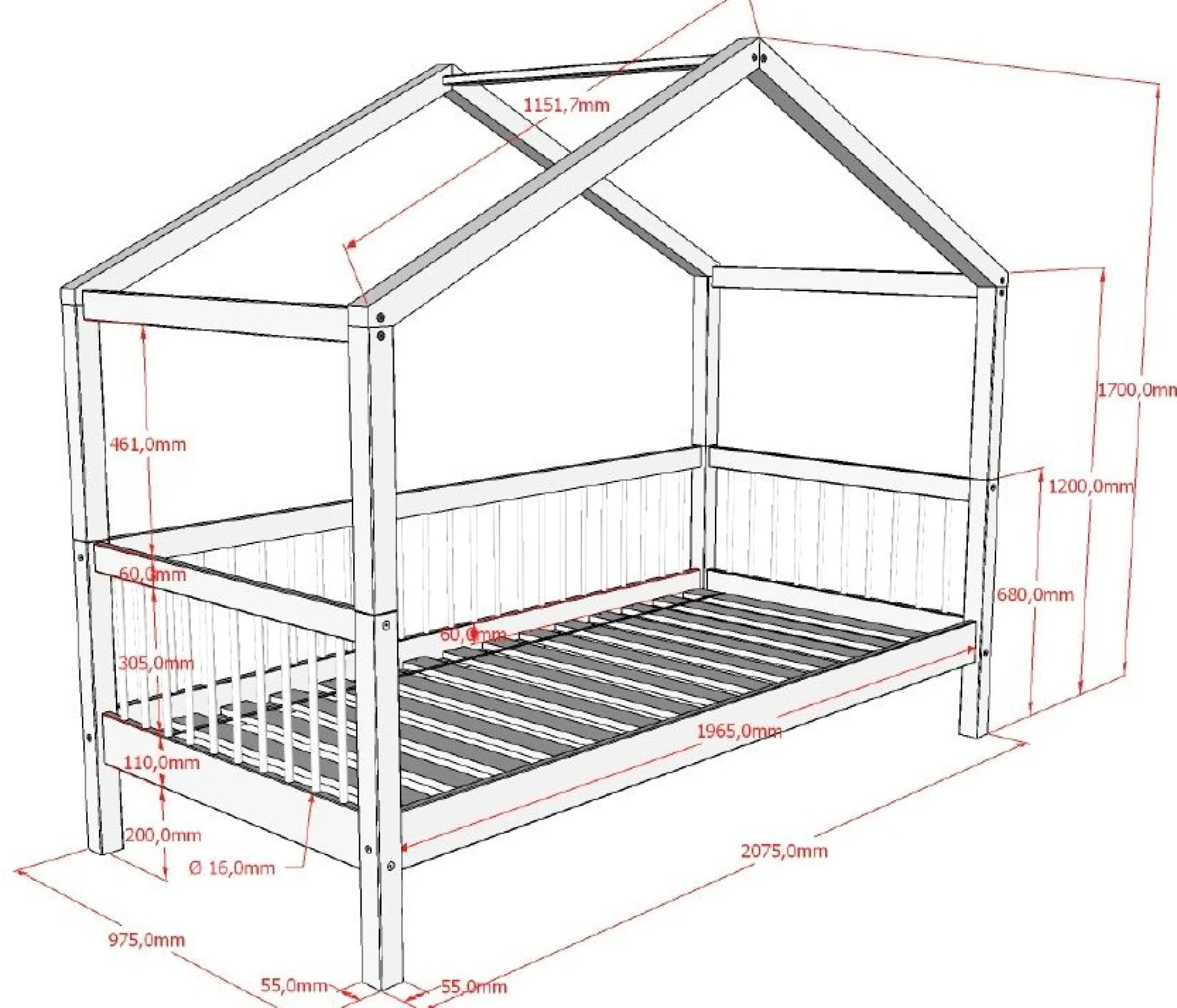 Hausbett Forrest 90x200 mit Bettzelt - Buche massiv/rosa