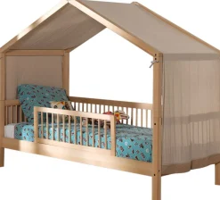 Hausbett Forrest 90x200 mit herunterklappbarem Schutzgitter und Bettzelt - Buche/Rosa