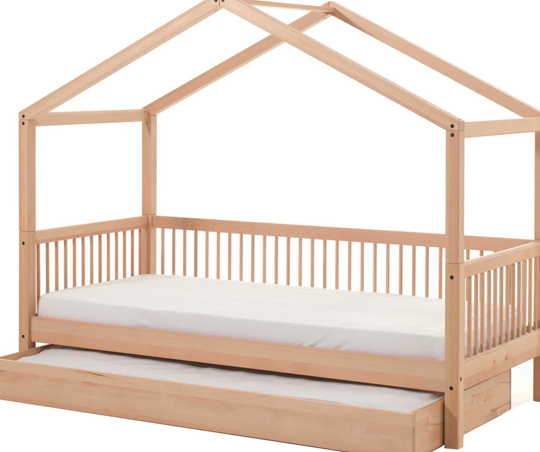 Hausbett Forrest 90x200 mit Rollbett, herunterklappbarem Schutzgitter und Bettzelt - Buche/Rosa