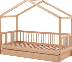 Hausbett Forrest 90x200 mit Rollbett, herunterklappbarem Schutzgitter und Bettzelt - Buche/Rosa