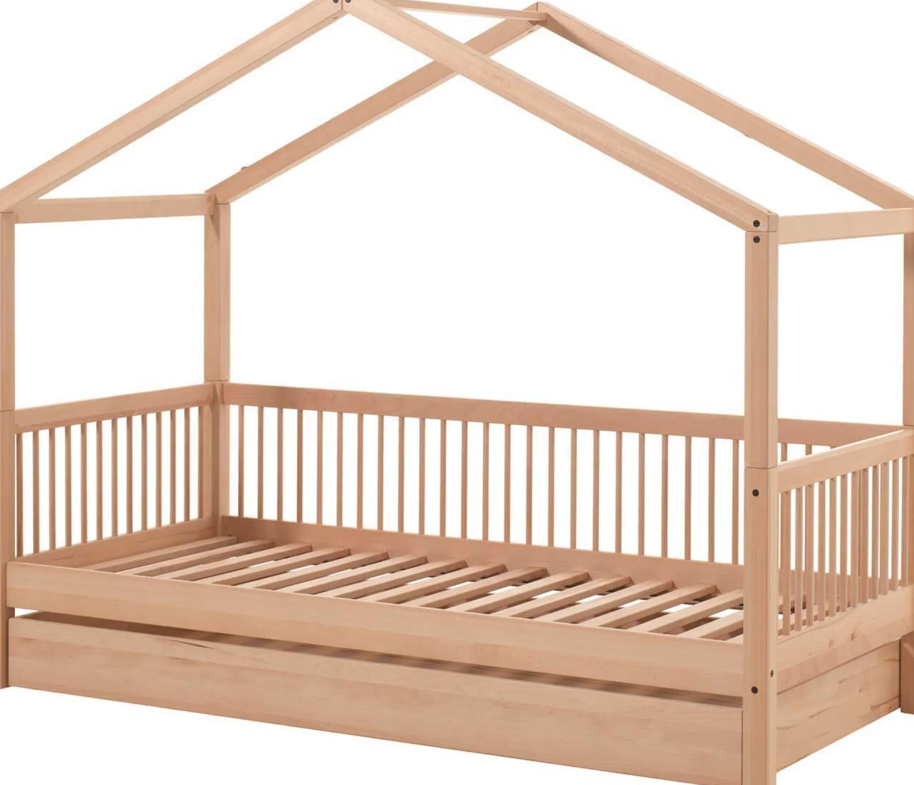 Hausbett Forrest 90x200 mit Rollbett, herunterklappbarem Schutzgitter und Bettzelt - Buche/Rosa