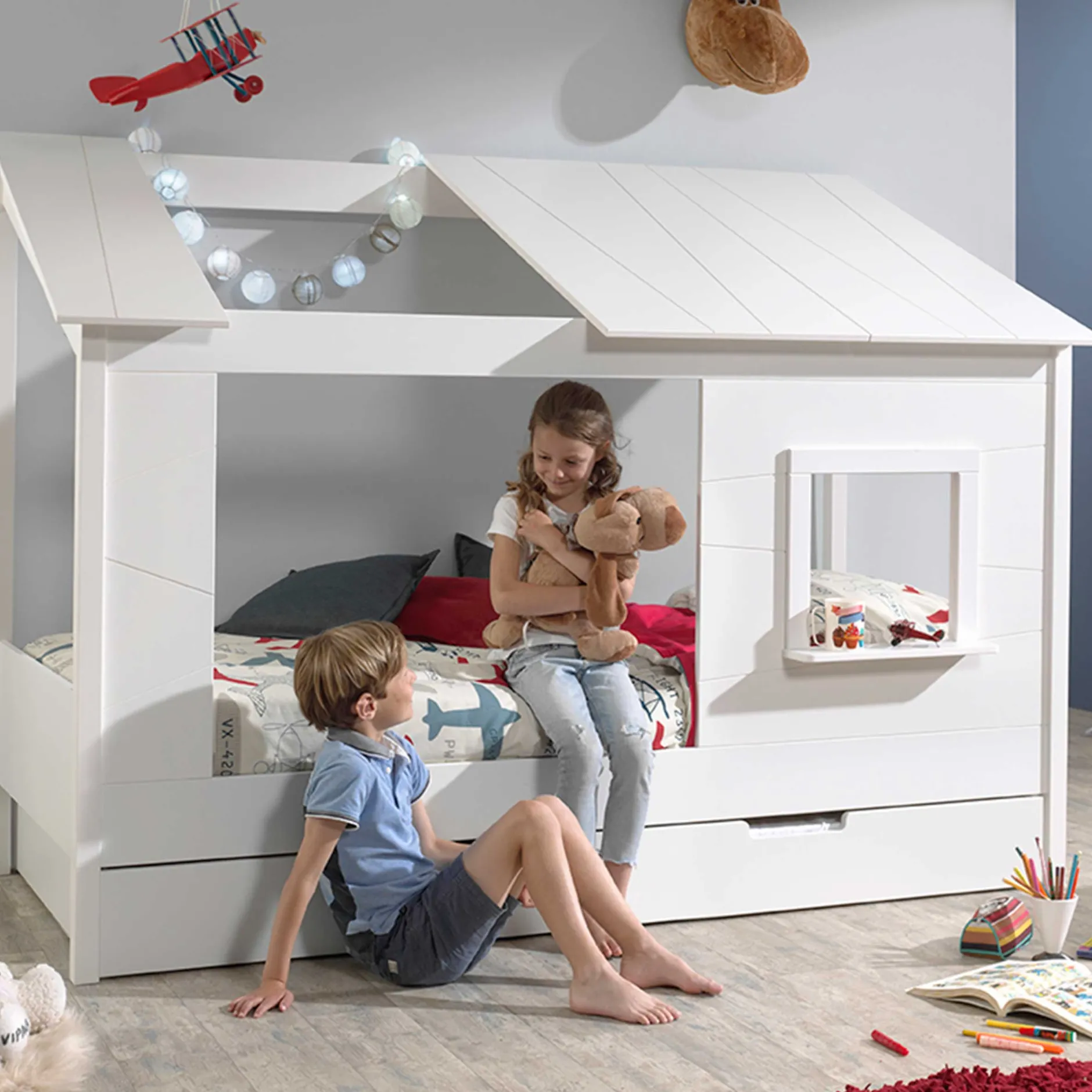 Hausbett Lio 90x200 mit Bettkasten - weiß