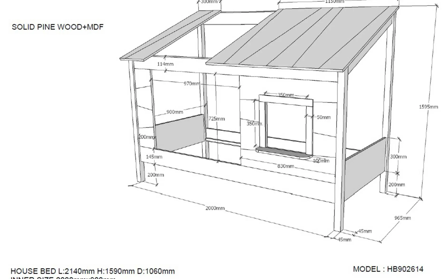 Hausbett Lio 90x200 mit Bettkasten und Vorhängen - weiß