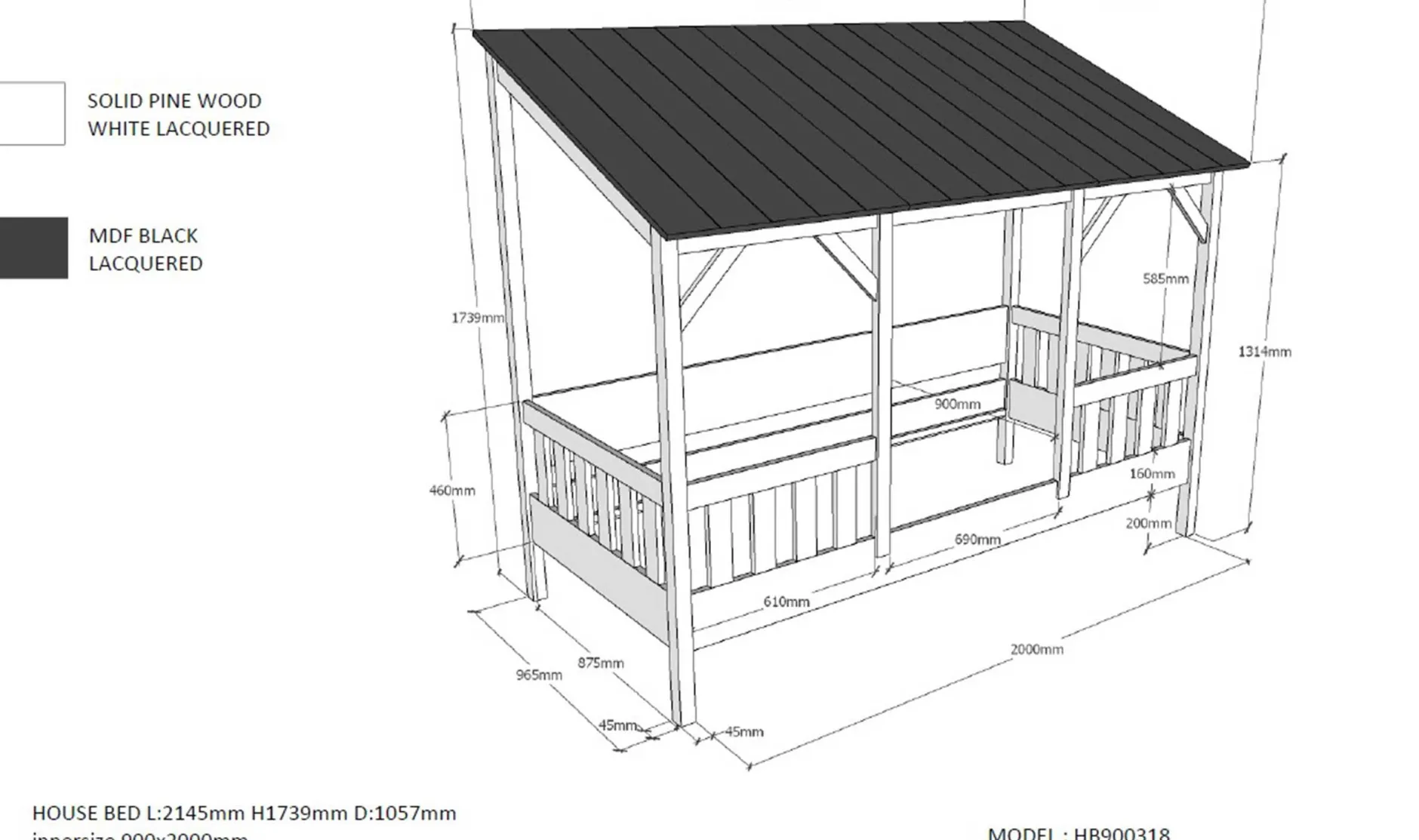 Hausbett Malia 90x200 mit Bettkasten - weißes Dach