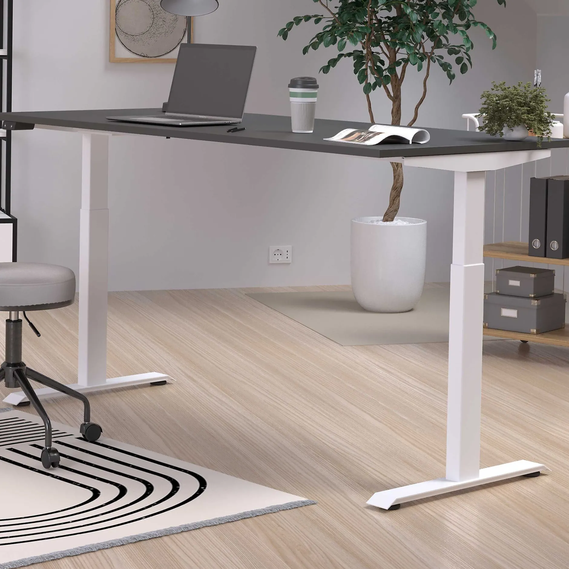 Hermoso Sitz-Steh-Tisch | 180 x 80 x 72-120 cm | Elektrisch verstellbar | Schwarz-weißes Design