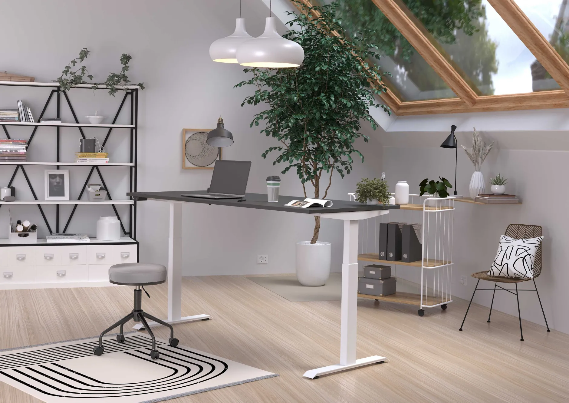 Hermoso Sitz-Steh-Tisch | 180 x 80 x 72-120 cm | Elektrisch verstellbar | Schwarz-weißes Design