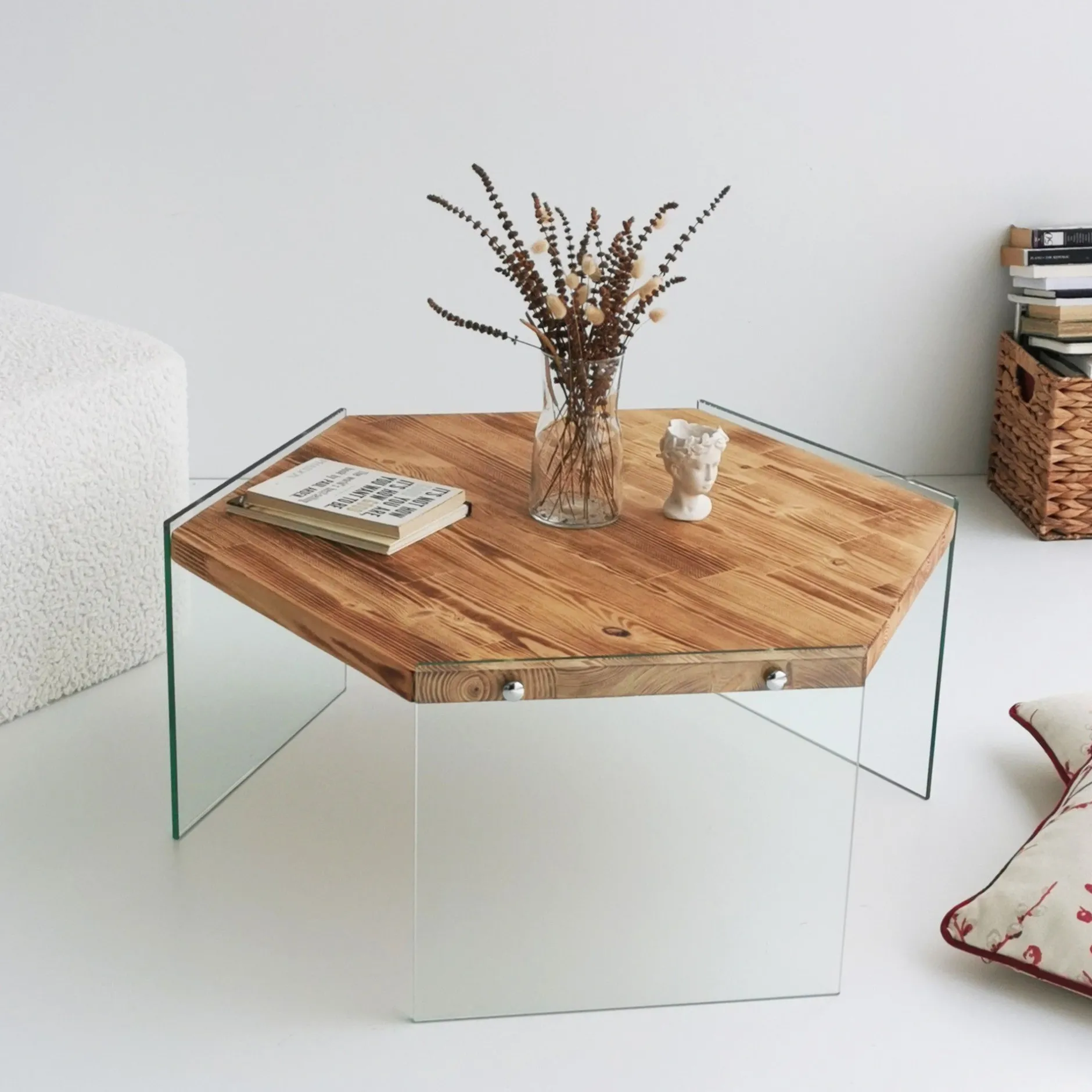 Hexagon Couchtisch | GEHÄRTETES GLAS | Eiche