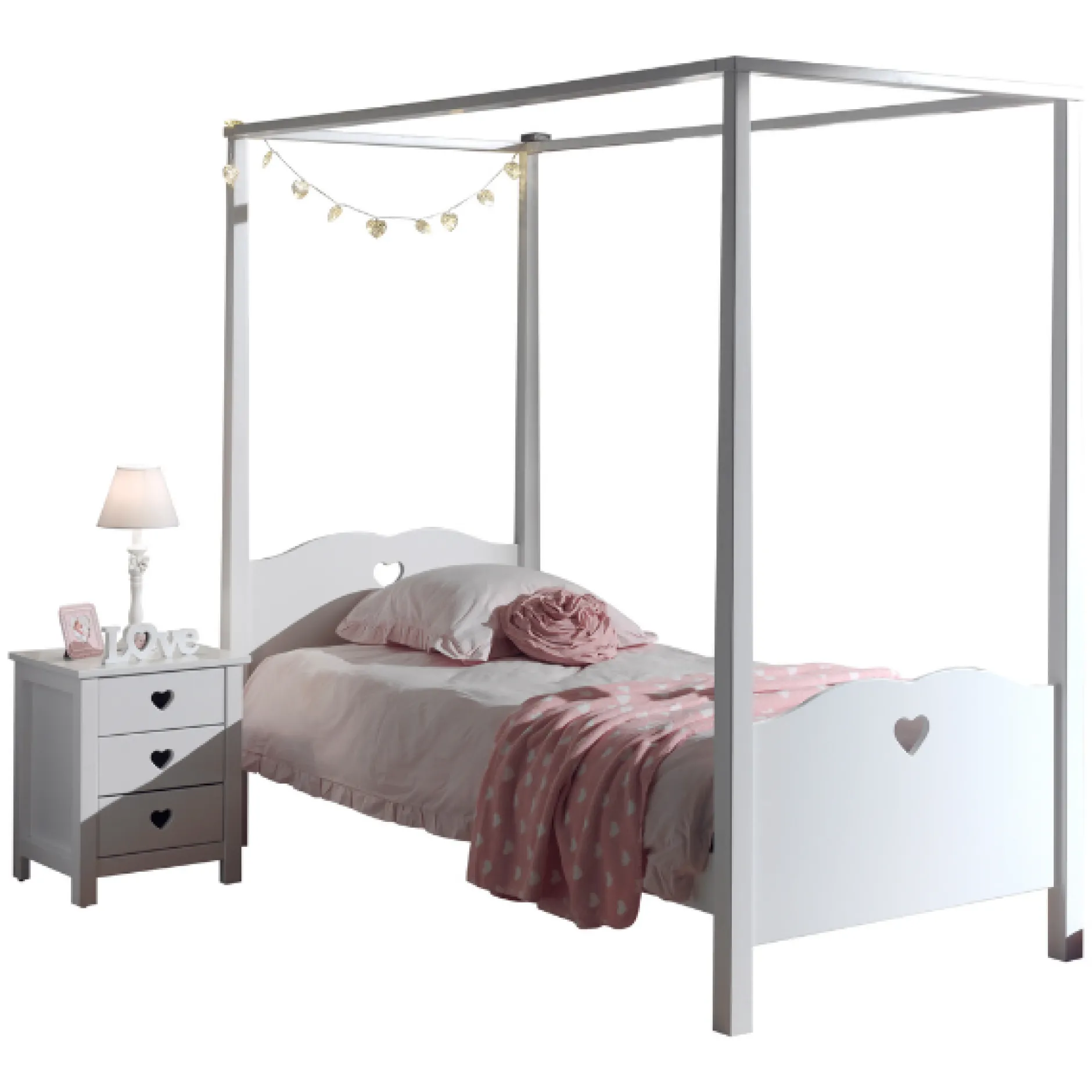 Himmelbett 90x200 cm und Nachttisch Amori-Weiß