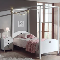 Himmelbett 90x200 cm und Nachttisch Amori-Weiß