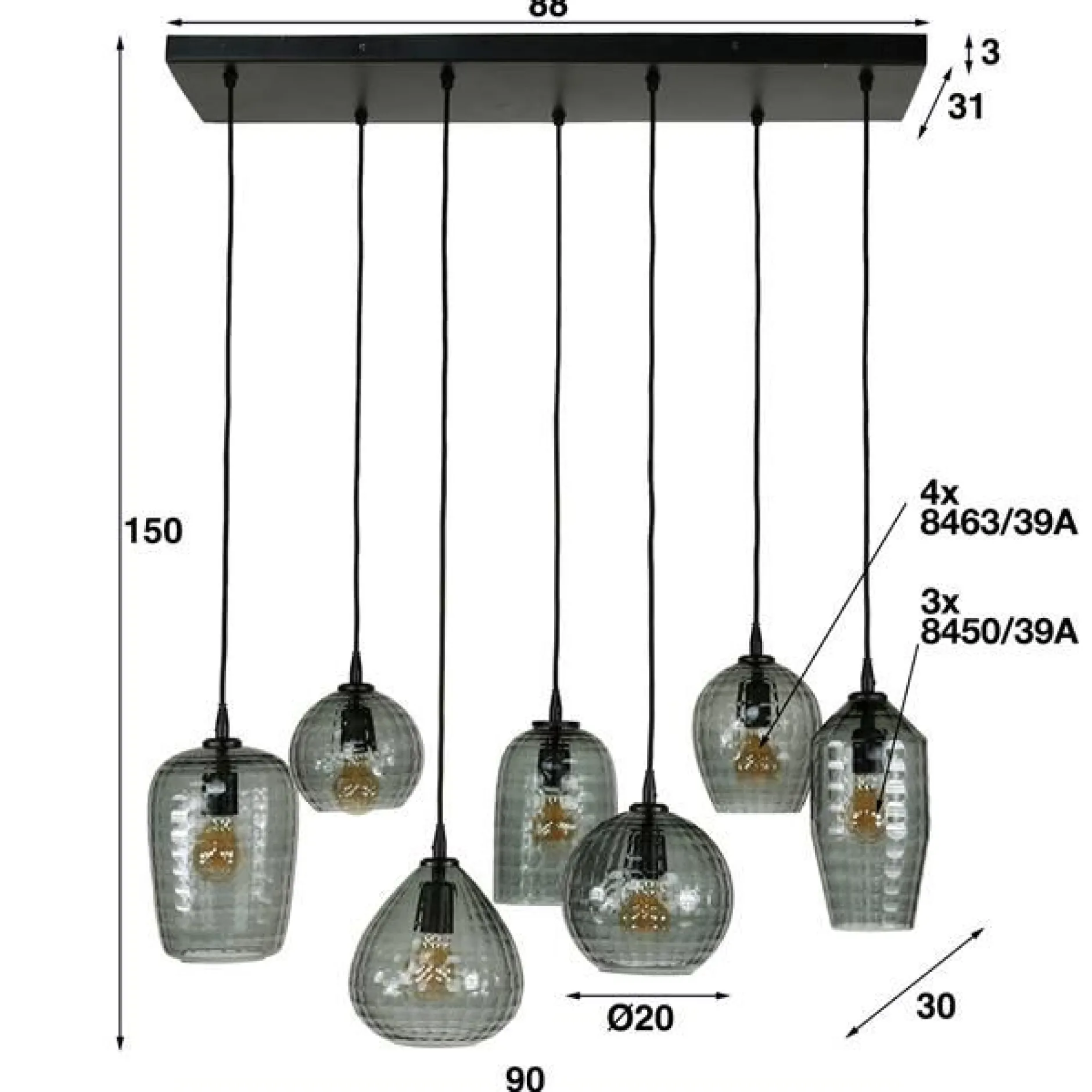 Hängeleuchte Jairo 7 Lichtquellen - Rauchglas