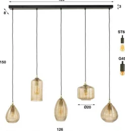 Hängeleuchte Stripe - 126x20x150cm - fünf Lampen - Fumé-Glas