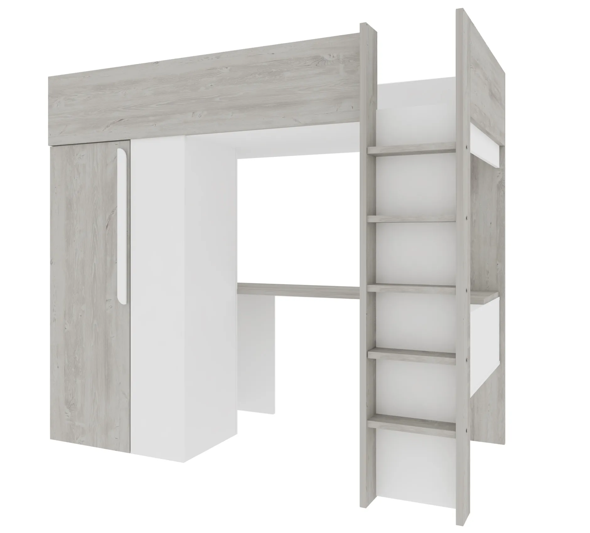 Hochbett Beau 90x200 mit Schreibtisch und Kleiderschrank - weiß