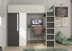 Hochbett Beau 90x200 mit Schreibtisch und Kleiderschrank - schattengrau