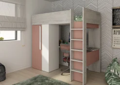 Hochbett Beau 90x200 mit Schreibtisch und Kleiderschrank - altrosa