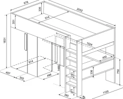 Hochbett Beau 90x200 mit Schreibtisch und Kleiderschrank - dunkelblau