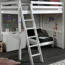 Hochbett Claire 140x200 mit Kommode Charlotte und Sitzbett Lena - weiß