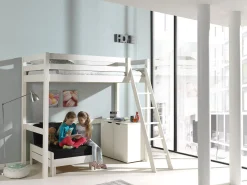 Hochbett Claire 90x200 mit Kommode Charlotte und Sitzbett Lena - weiß