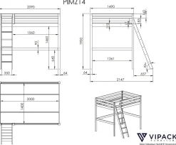 Hochbett Claire 140x200 mit Schlafsofa und Kommode - weiß