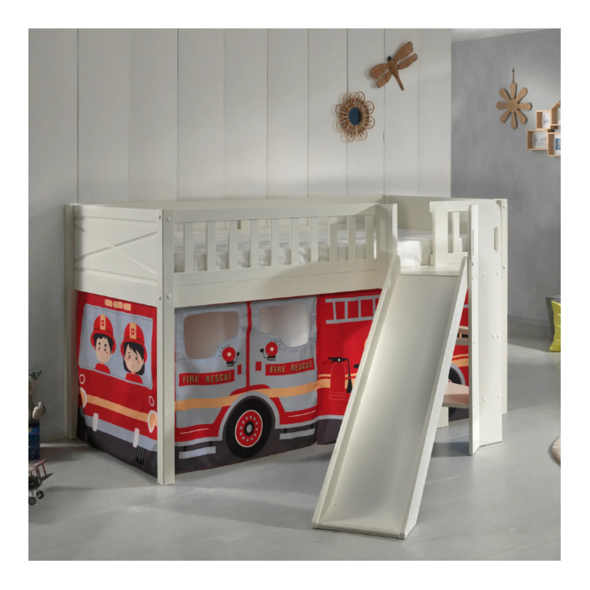 Hochbett mit Rutsche Scott - 208x204x114 cm - Feuerwehrmann/weiß