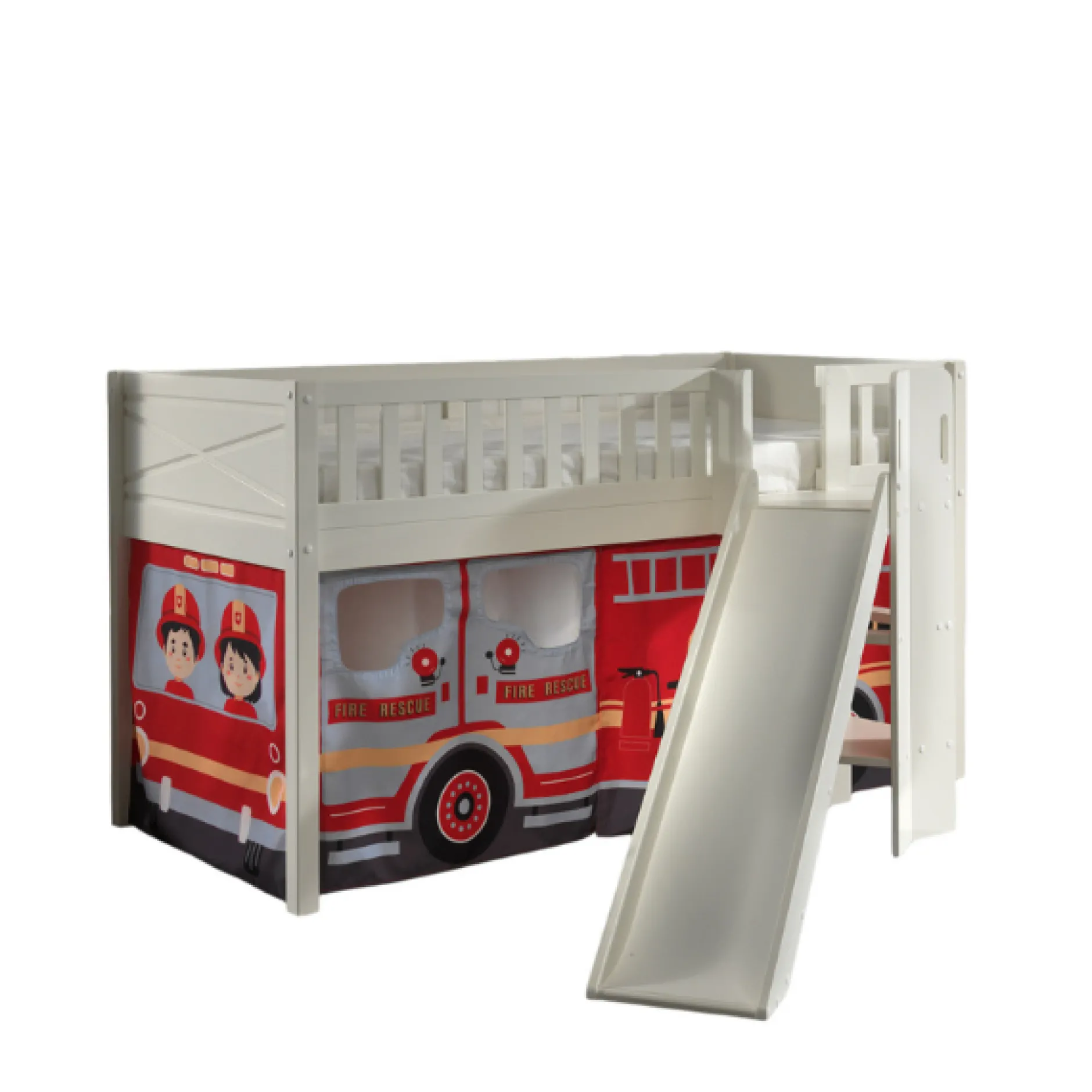 Hochbett mit Rutsche Scott - 208x204x114 cm - Feuerwehrmann/weiß
