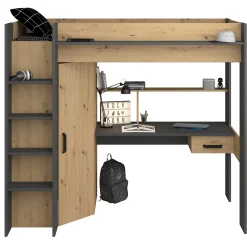 Hochbett mit Schreibtisch Herv 90x200 - Eiche artisan/grau