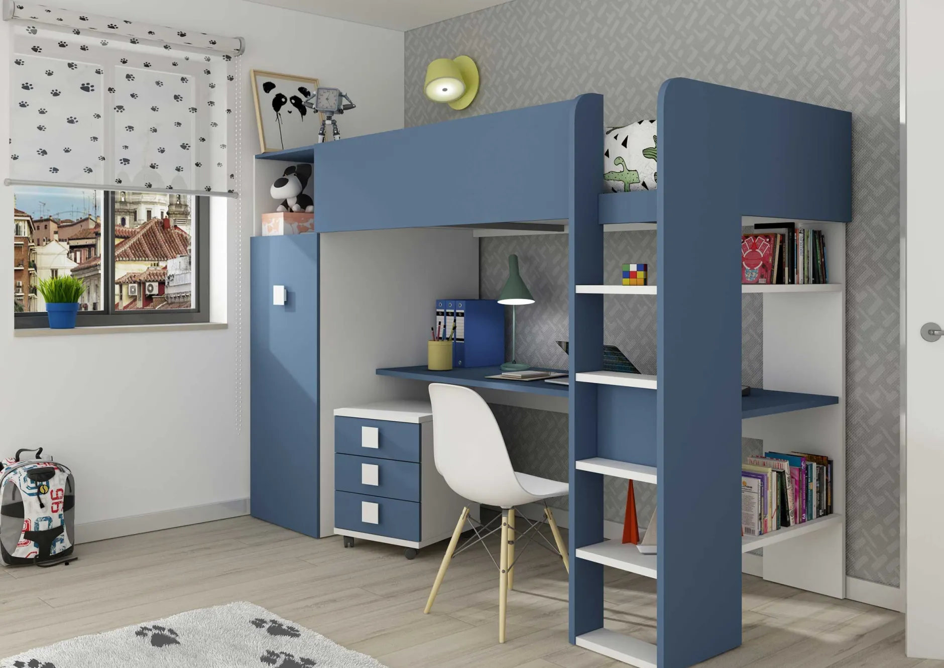 Hochbett mit Schreibtisch Jet 90x200cm - blau