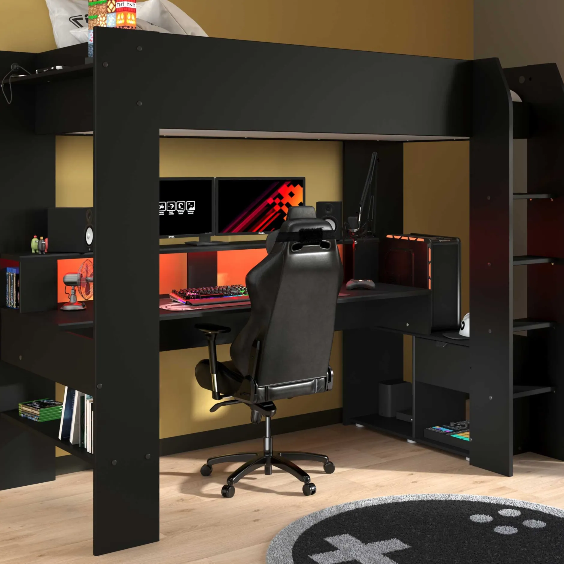 Hochbett mit Schreibtisch Raider 90x200cm - schwarz