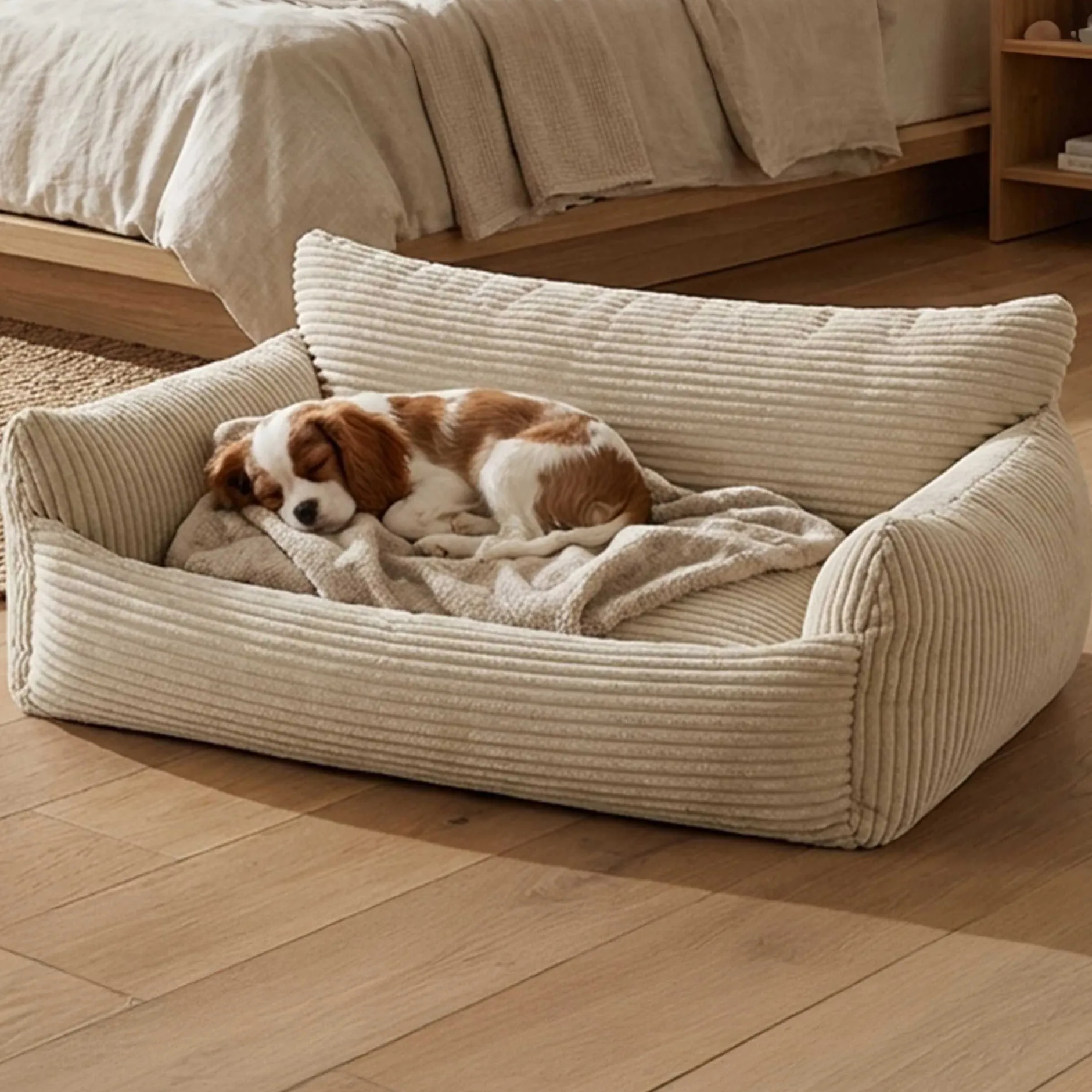 Hundebett Punch - 85x66x29cm - Rippensamt - creme
