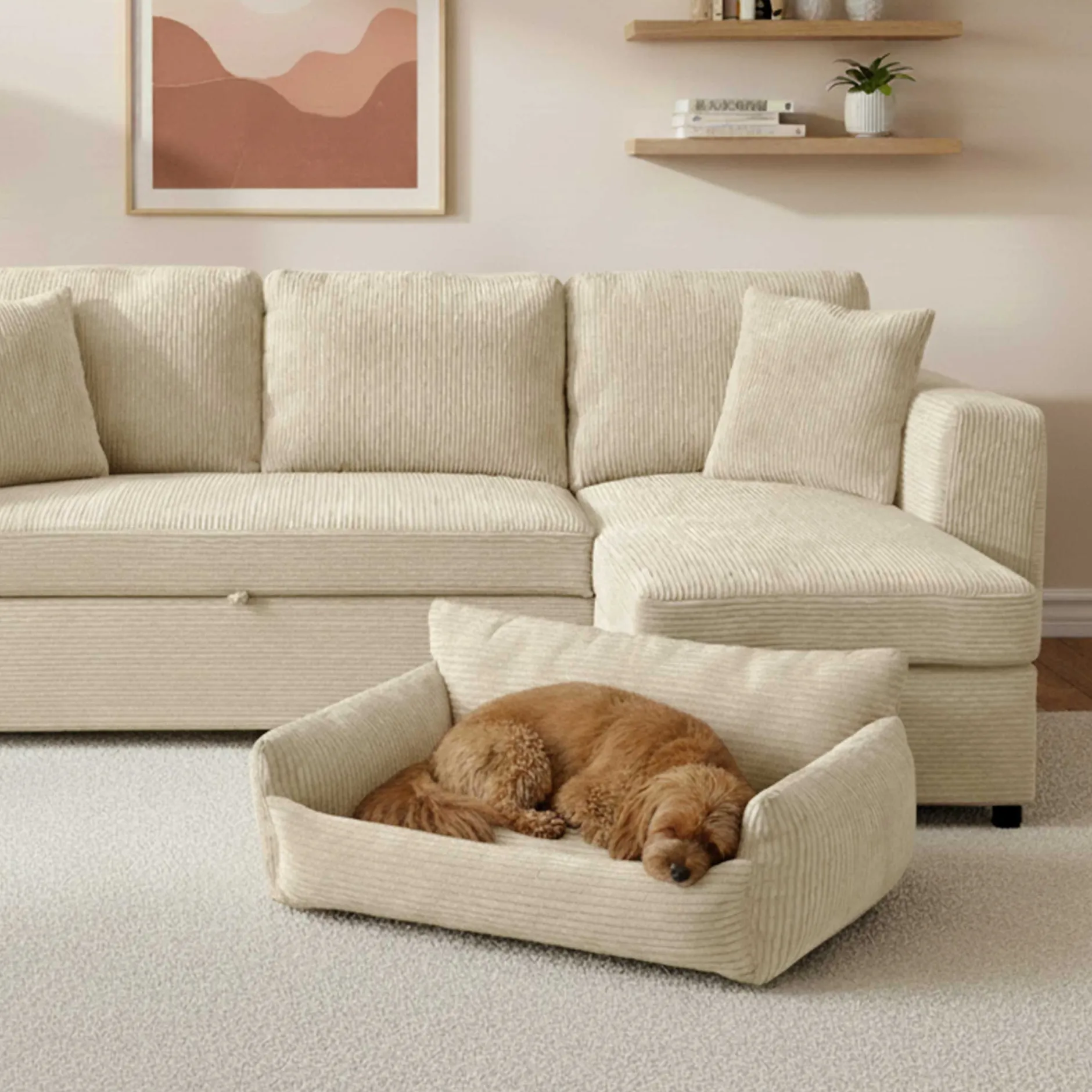 Hundebett Punch - 85x66x29cm - Rippensamt - creme