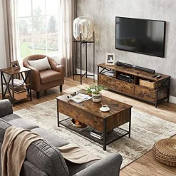 Industrieller Couchtisch mit Klappdeckel, Ablage und Regal