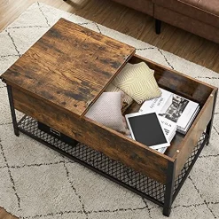 Industrieller Couchtisch mit Klappdeckel, Ablage und Regal
