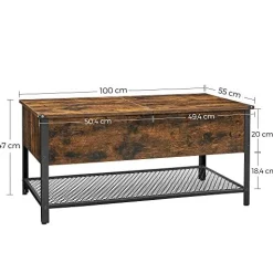 Industrieller Couchtisch mit Klappdeckel, Ablage und Regal