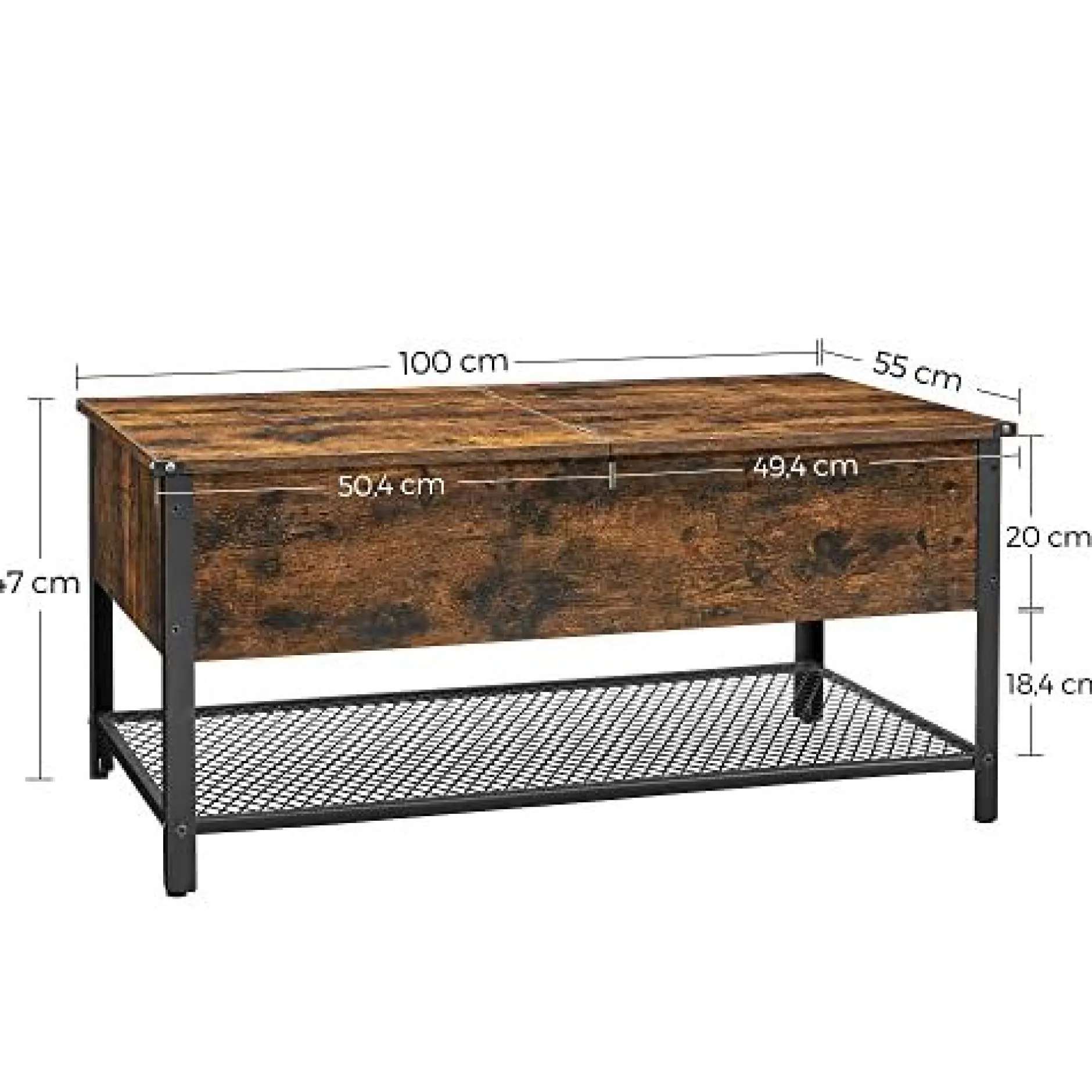 Industrieller Couchtisch mit Klappdeckel, Ablage und Regal