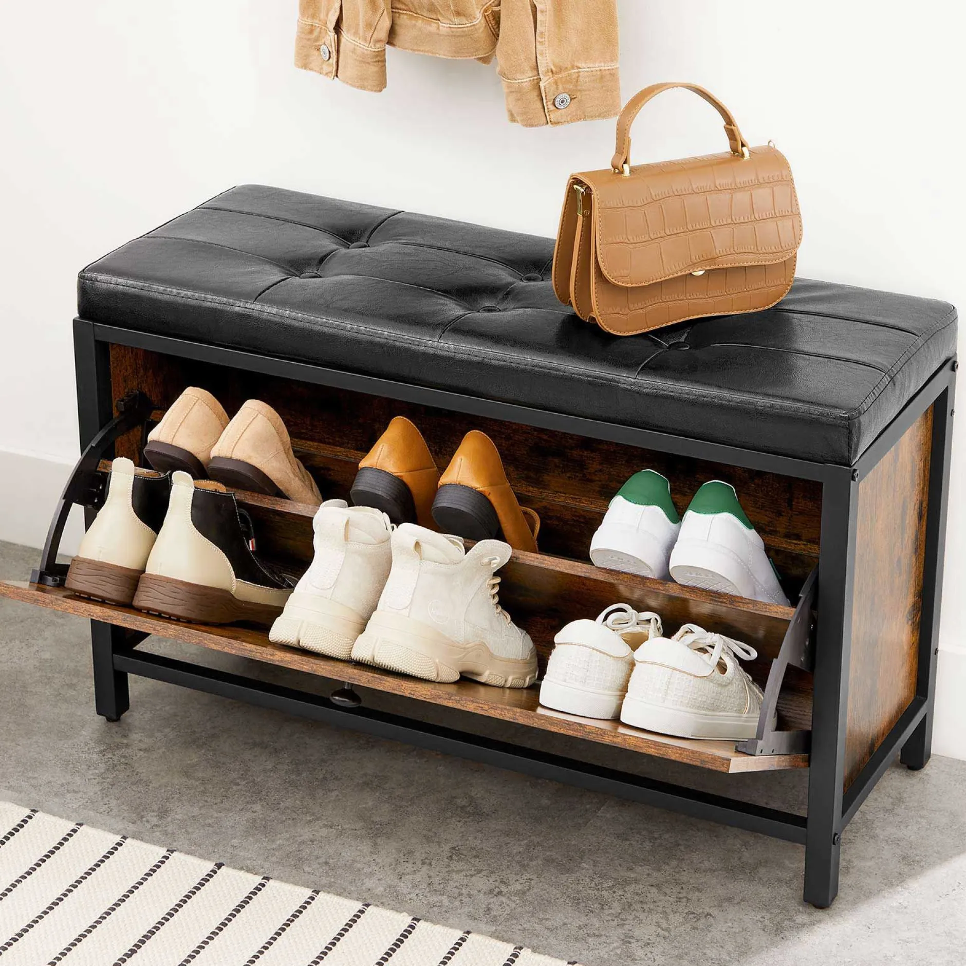 Industrielle Schuhbank für 6 Paare - Stahl/Braun/Schwarz