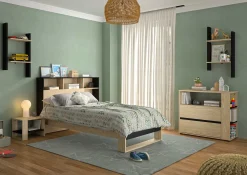 Jugendzimmer Nael: Bett 90x200 mit Lattenrost, Kommode, Nachttisch, Wandregal - Eiche Dekor/schwarz