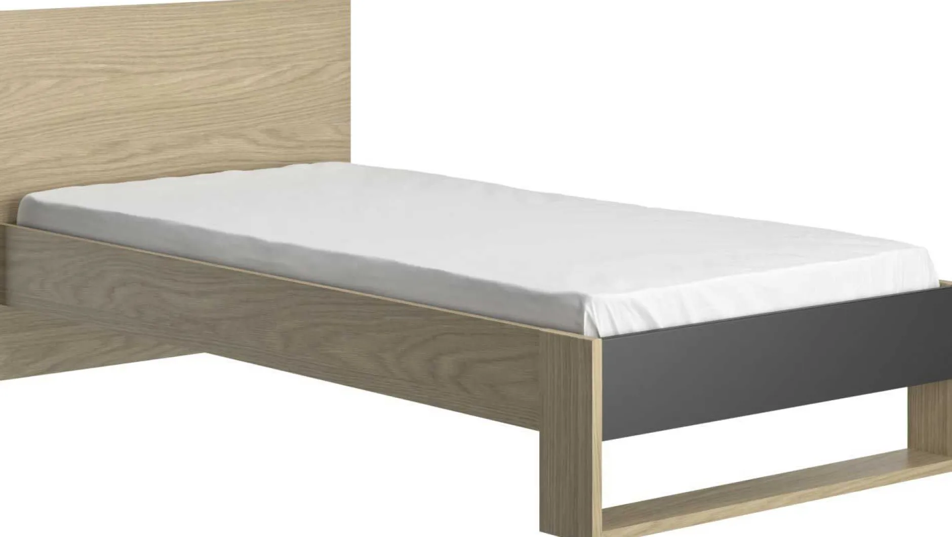 Jugendzimmer Nael: Bett 90x200 mit Lattenrost, Kommode, Nachttisch, Wandregal - Eiche Dekor/schwarz