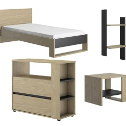 Jugendzimmer Nael: Bett 90x200 mit Lattenrost, Kommode, Nachttisch, Wandregal - Eiche Dekor/schwarz