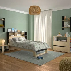 Jugendzimmer Nael: Bett 90x190 mit Rückwand, Kommode, Nachttisch, Wandregal - Eiche Dekor/schwarz