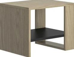 Jugendzimmer Nael: Bett 90x190 mit Rückwand, Kommode, Nachttisch, Wandregal - Eiche Dekor/schwarz