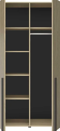 Jugendzimmer Nael: halbhohes Bett 90x200, Schränke - Eiche Dekor/schwarz