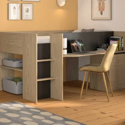 Jugendzimmer Nael: halbhohes Bett 90x200, Schränke - Eiche Dekor/schwarz