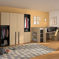 Jugendzimmer Nael: halbhohes Bett 90x200, Schränke - Eiche Dekor/schwarz